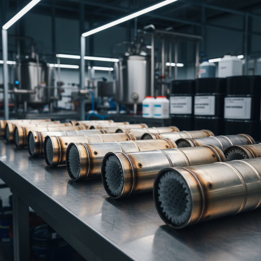 A close-up, photographic realism image of a neatly arranged spread of clean catalytic converters on a dark, brushed steel workbench. Each converter’s metallic shell shows subtle variations in silver and light gold tones, with clearly defined honeycomb cores visible at a few cut-open ends. The environment is a modern industrial refining facility, with softly blurred stainless steel equipment and labeled containers in the background. Cool, diffused overhead LED lighting creates crisp reflections along the curved metal surfaces and casts gentle, organized shadows, emphasizing precision. Shot at eye level with a shallow depth of field, the foremost converter is in sharp focus while the background gently fades, conveying a professional, trustworthy, and technically advanced atmosphere suitable for an American refining and recycling company.