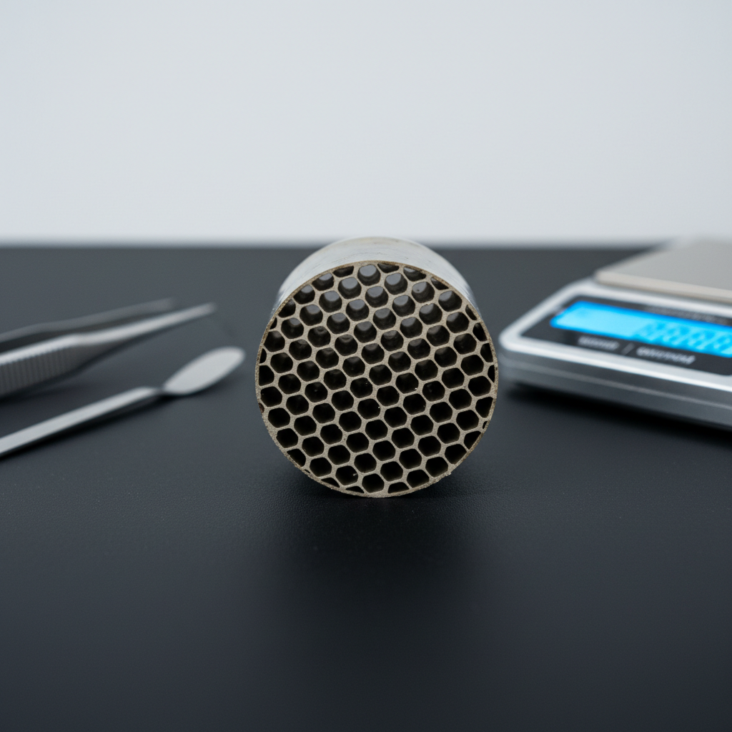 A highly detailed, photographic realism macro shot of a catalytic converter’s exposed ceramic honeycomb core, showing its precise hexagonal channels and subtle metallic sheen from precious metal coatings. The sample is positioned on a matte black laboratory surface, with neatly arranged stainless steel tools and a digital scale softly blurred in the background. Focused, cool white lab lighting from above highlights the intricate structure, creating delicate micro-shadows within each channel. Captured from a slightly angled close-up perspective with ultra-shallow depth of field, the front face of the honeycomb is razor sharp while the sides fall off into a smooth bokeh, conveying scientific rigor, material value, and the technical expertise of a specialized refining and recycling group.