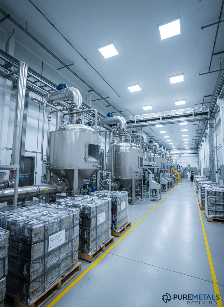 A wide, photographic realism shot of an immaculate catalytic converter refining facility interior featuring gleaming stainless steel processing tanks, covered conveyor systems, and sealed material hoppers. Pallets of shrink-wrapped catalytic converters are stacked in an orderly fashion along the walls, clearly labeled with printed tags. Bright, evenly distributed LED lighting from the high ceiling creates a clean, clinical atmosphere with minimal shadows, emphasizing safety and professionalism. The camera is positioned at eye level and uses a slightly wide-angle lens to capture depth and scale, with the central aisle leading the viewer’s eye toward advanced machinery in the distance. The mood is efficient, trustworthy, and modern, reflecting a top-tier American refining and recycling operation for catalytic converters.