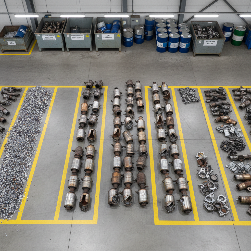 An overhead, photographic realism view of sorted catalytic converters and related scrap material laid out in organized rows on a clean concrete floor, each group separated by bold yellow painted lines. Some converters are intact, others neatly cross-sectioned to reveal dense ceramic honeycomb structures and precious metal coating textures. In the background, slightly out of focus, labeled metal bins and sealed drums indicate different grades of material. Bright, even warehouse lighting from high bay LEDs eliminates harsh shadows, creating a clear, analytical feel. The composition uses a strong grid pattern, suggesting order, traceability, and professional refining processes for catalytic converter recycling and purchasing operations.